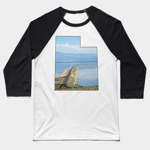 Utah State Outline - Antelope Island Causeway in the Great Salt Lake Baseball T-Shirt by gorff